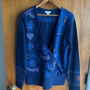 Sundance Blue Floral Wrap-Style Cardigan with Rust Accents